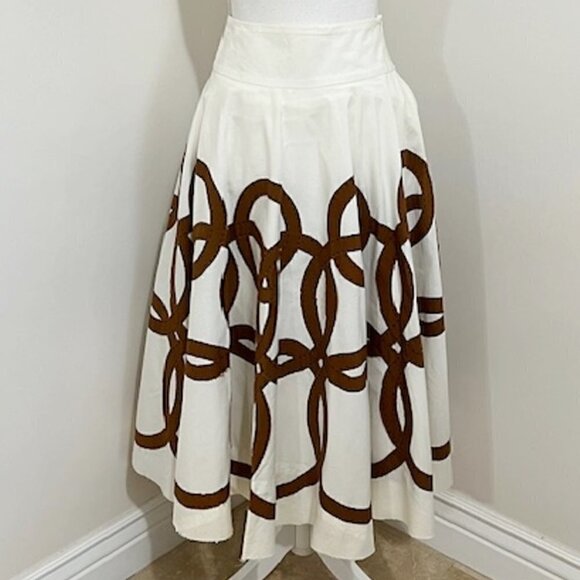 Easton Pearson Full Midi Skirt White & Brown Geometric Cotton - Picture 2 of 12